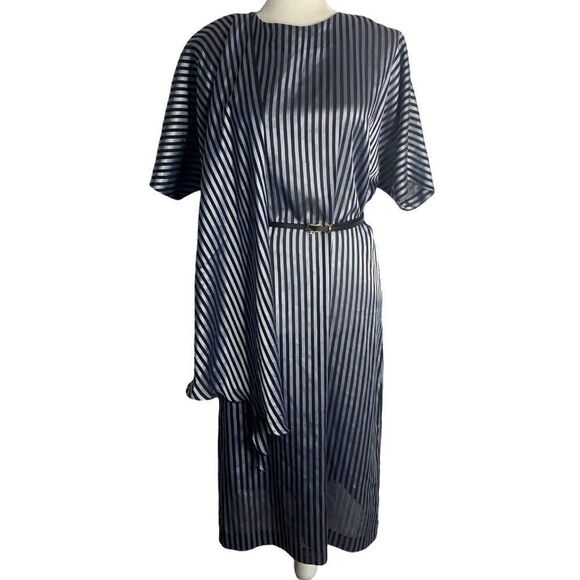 Vintage 80s Slightly Sheer Midi Dress M Blue Stripe Dolman Sleeve Side Ruffle - Picture 1 of 7